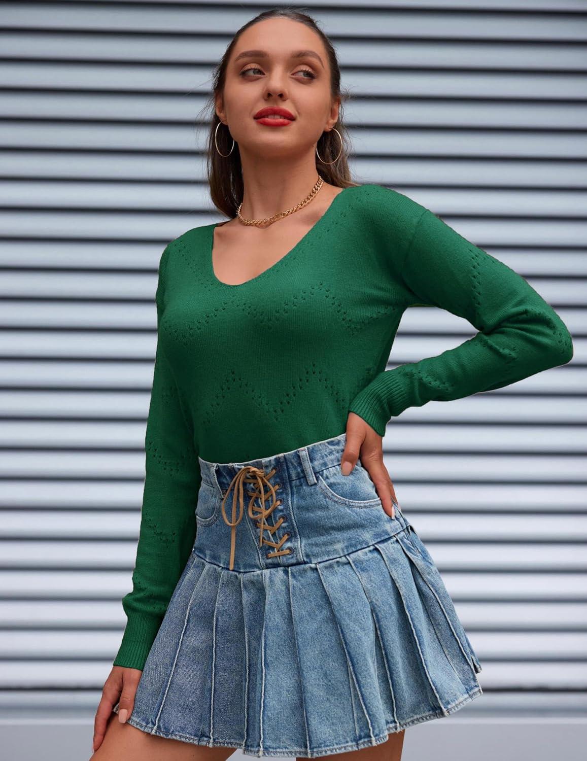 imageZeagoo Womens Sweaters Fall Trendy Casual Long Sleeve Shirt Lightweight V Neck Off Shoulder Crochet Pullover Top OutfitBgreen