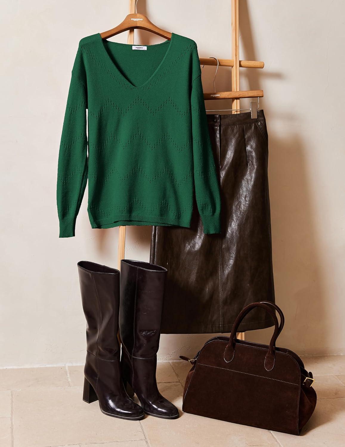 imageZeagoo Womens Sweaters Fall Trendy Casual Long Sleeve Shirt Lightweight V Neck Off Shoulder Crochet Pullover Top OutfitBgreen