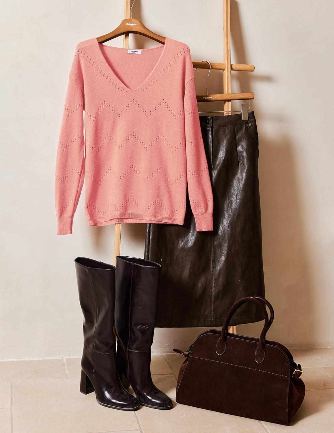 imageZeagoo Womens Sweaters Fall Trendy Casual Long Sleeve Shirt Lightweight V Neck Off Shoulder Crochet Pullover Top OutfitBpink