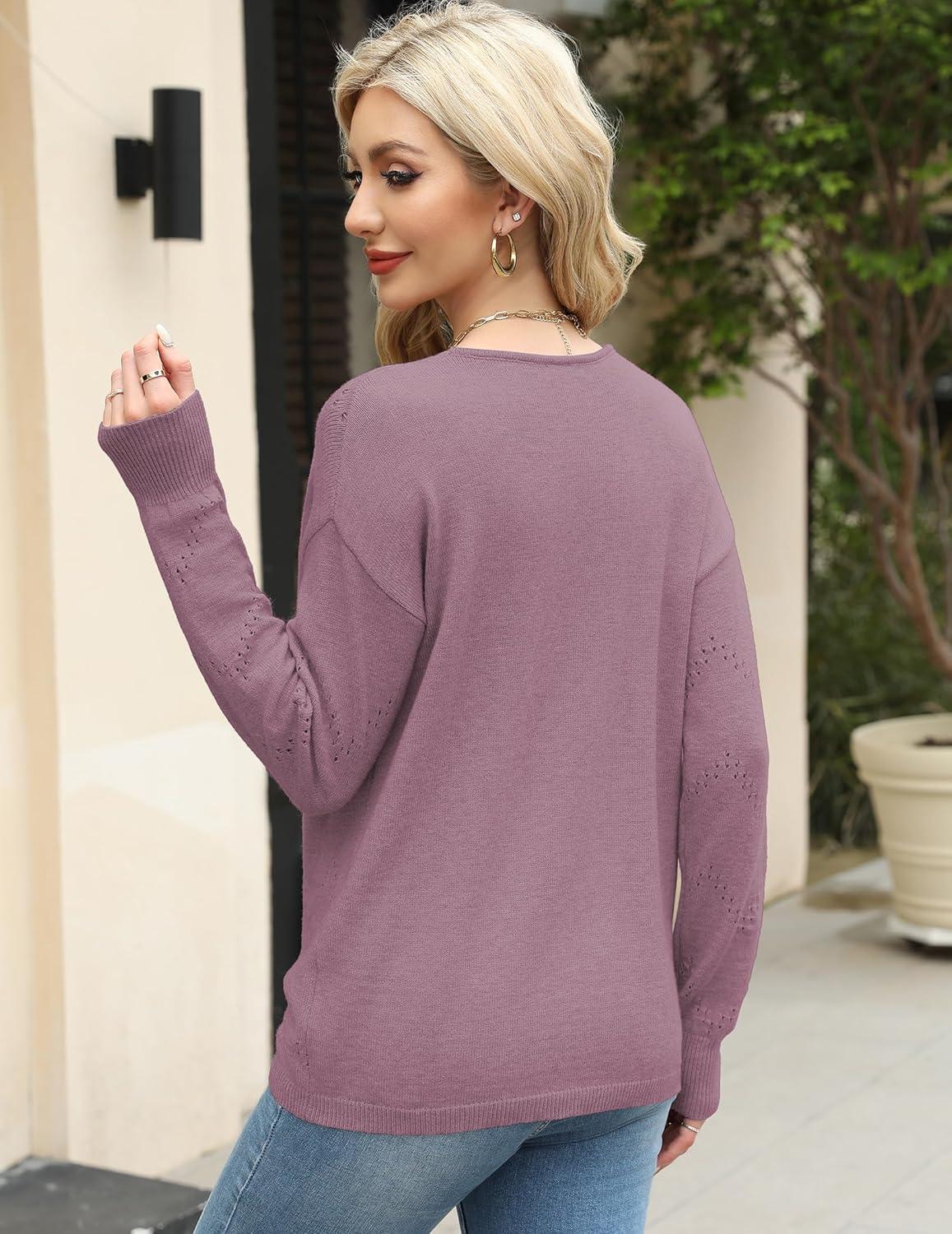 imageZeagoo Womens Sweaters Fall Trendy Casual Long Sleeve Shirt Lightweight V Neck Off Shoulder Crochet Pullover Top OutfitBpurple