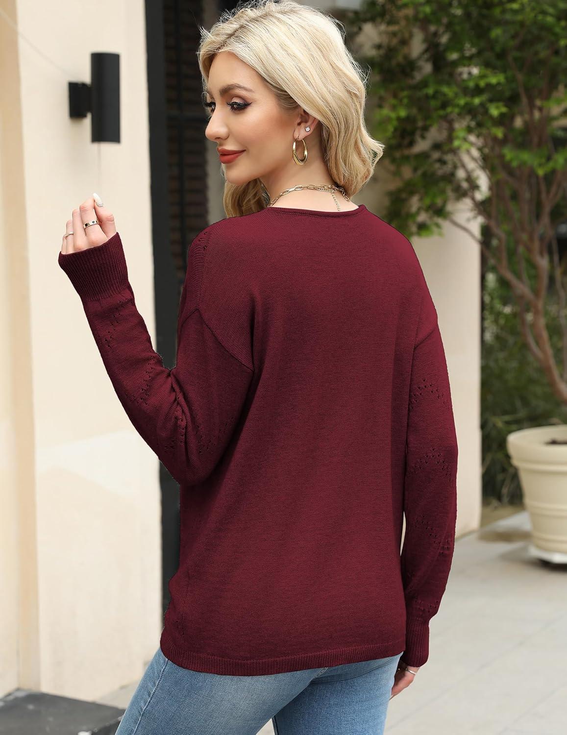 imageZeagoo Womens Sweaters Fall Trendy Casual Long Sleeve Shirt Lightweight V Neck Off Shoulder Crochet Pullover Top OutfitBwine Red