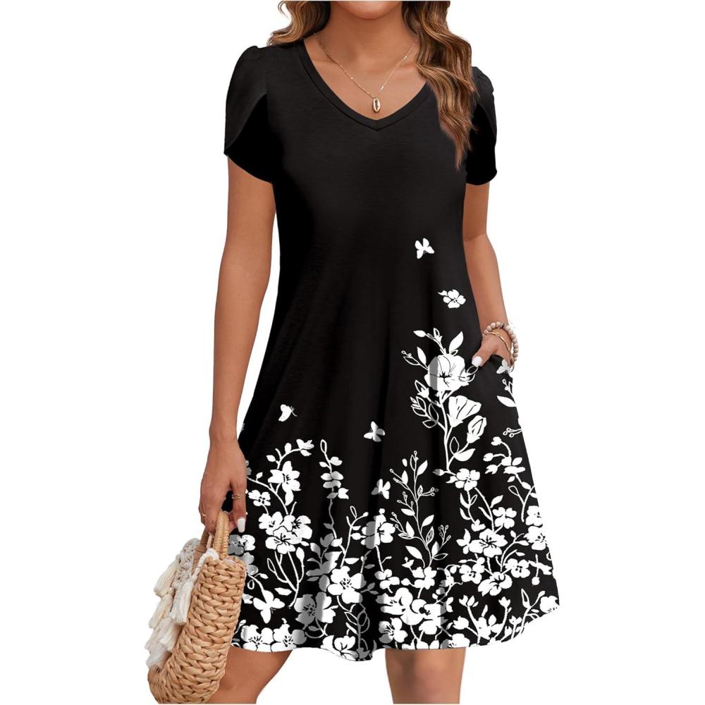 imageZEAGOO Womens Summer ALine Dress with Pockets Mini Short Sleeve Dresses Flowy Beach Swing Dress 2026 Vacation TravelBlack Flowers