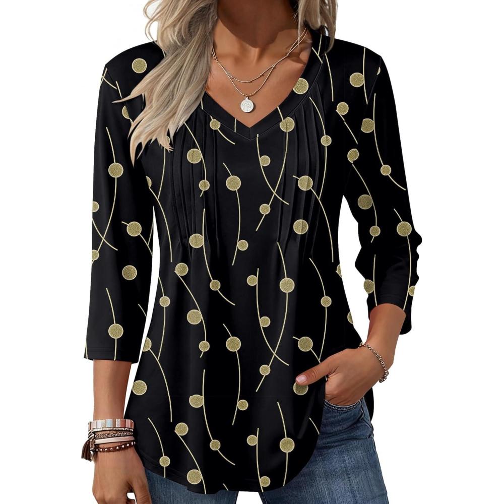 imageZeagoo 34 Length Sleeve Womens Tops Casual V Neck Pleated Top Boho Floral Blouses Work ShirtsBlack Khaki Dots