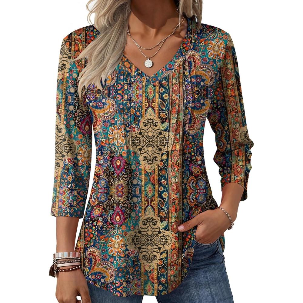 imageZeagoo 34 Length Sleeve Womens Tops Casual V Neck Pleated Top Boho Floral Blouses Work ShirtsBoho Mz721