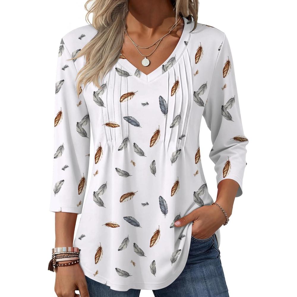 imageZeagoo 34 Length Sleeve Womens Tops Casual V Neck Pleated Top Boho Floral Blouses Work ShirtsFeather White 170