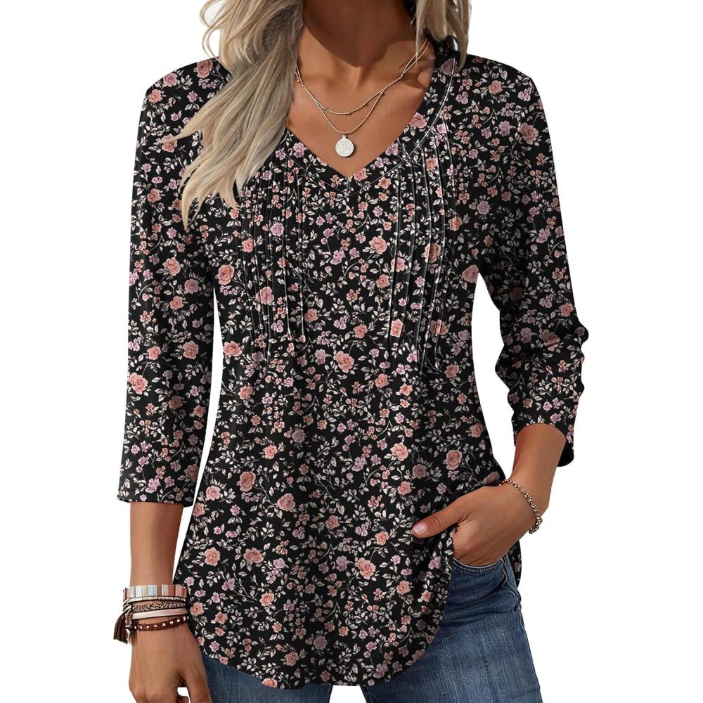 imageZeagoo 34 Length Sleeve Womens Tops Casual V Neck Pleated Top Boho Floral Blouses Work ShirtsFloral Black