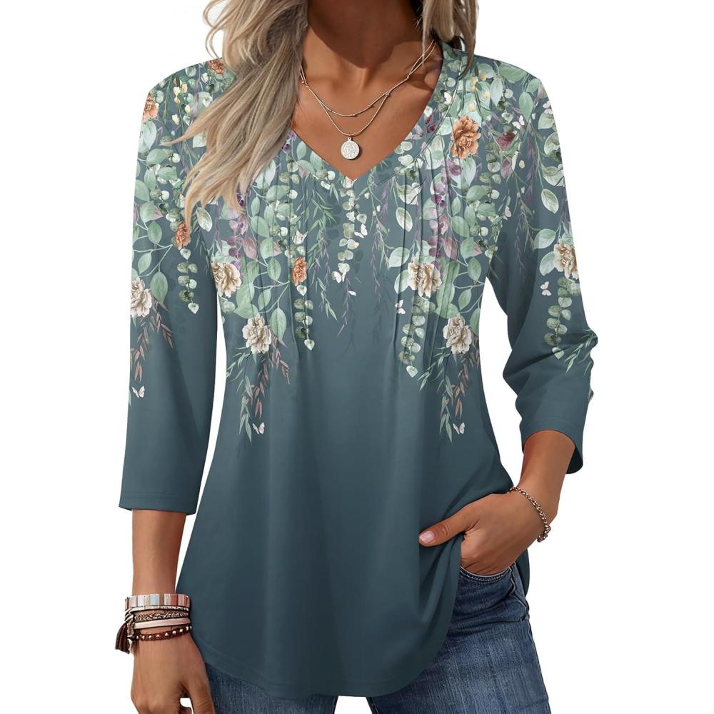 imageZeagoo 34 Length Sleeve Womens Tops Casual V Neck Pleated Top Boho Floral Blouses Work ShirtsFloral Grey Green