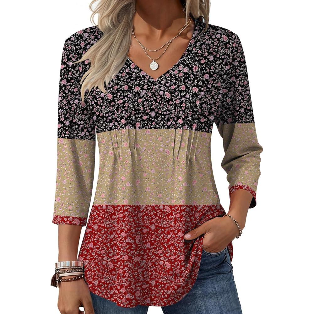 imageZeagoo 34 Length Sleeve Womens Tops Casual V Neck Pleated Top Boho Floral Blouses Work ShirtsFloral Multiple Color