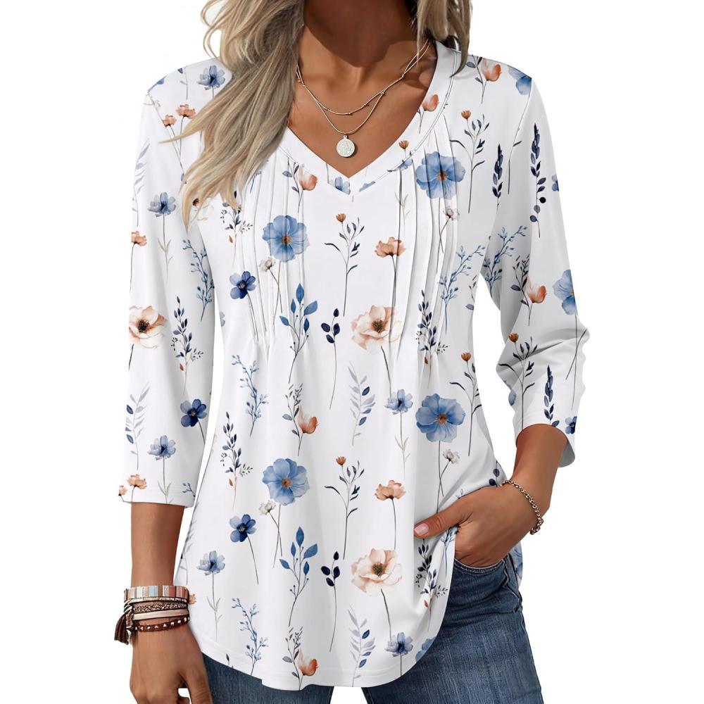 imageZeagoo 34 Length Sleeve Womens Tops Casual V Neck Pleated Top Boho Floral Blouses Work ShirtsFloral White