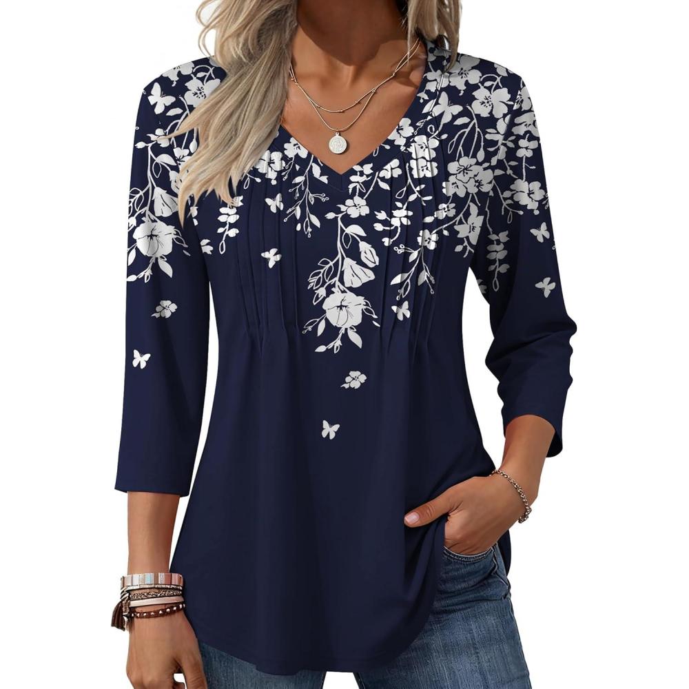 imageZeagoo 34 Length Sleeve Womens Tops Casual V Neck Pleated Top Boho Floral Blouses Work ShirtsLeaf Navy