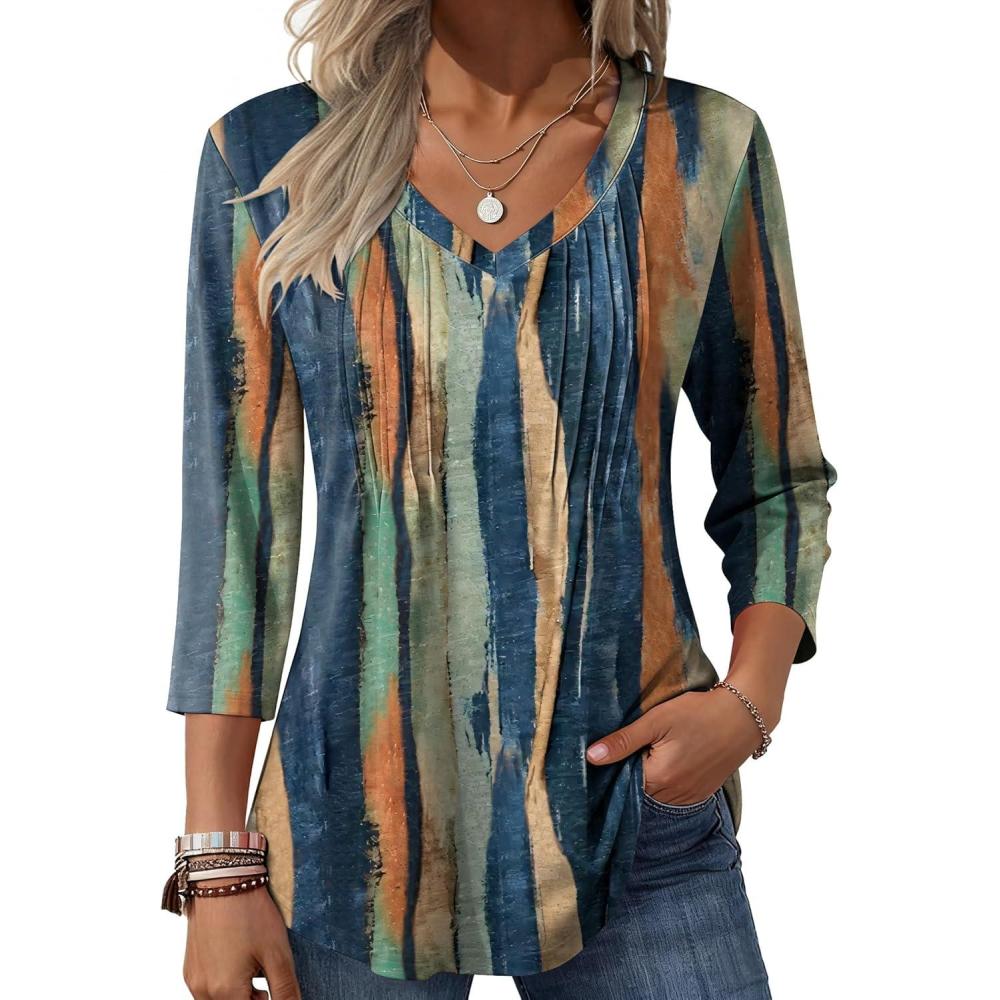 imageZeagoo 34 Length Sleeve Womens Tops Casual V Neck Pleated Top Boho Floral Blouses Work ShirtsMulticolor 289