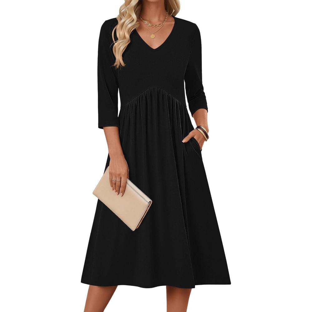 imageZeagoo 34 Sleeve Womens Dress Casual Midi Tshirt Dresses with Pockets Empire Waist Summer SemiFormal Boho Beach Sundress01 Solid Black