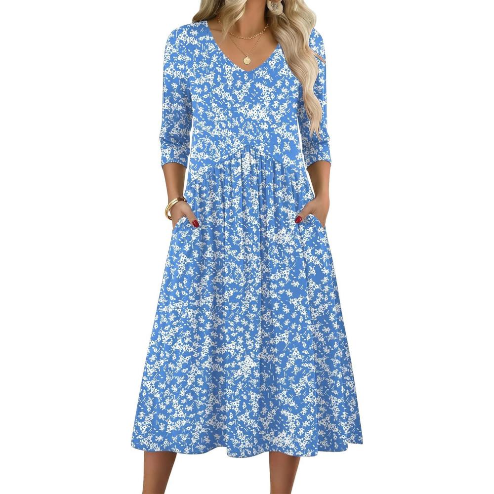 imageZeagoo 34 Sleeve Womens Dress Casual Midi Tshirt Dresses with Pockets Empire Waist Summer SemiFormal Boho Beach SundressBlue Floral Xh41