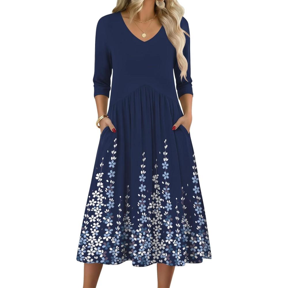 imageZeagoo 34 Sleeve Womens Dress Casual Midi Tshirt Dresses with Pockets Empire Waist Summer SemiFormal Boho Beach SundressNavy Floral