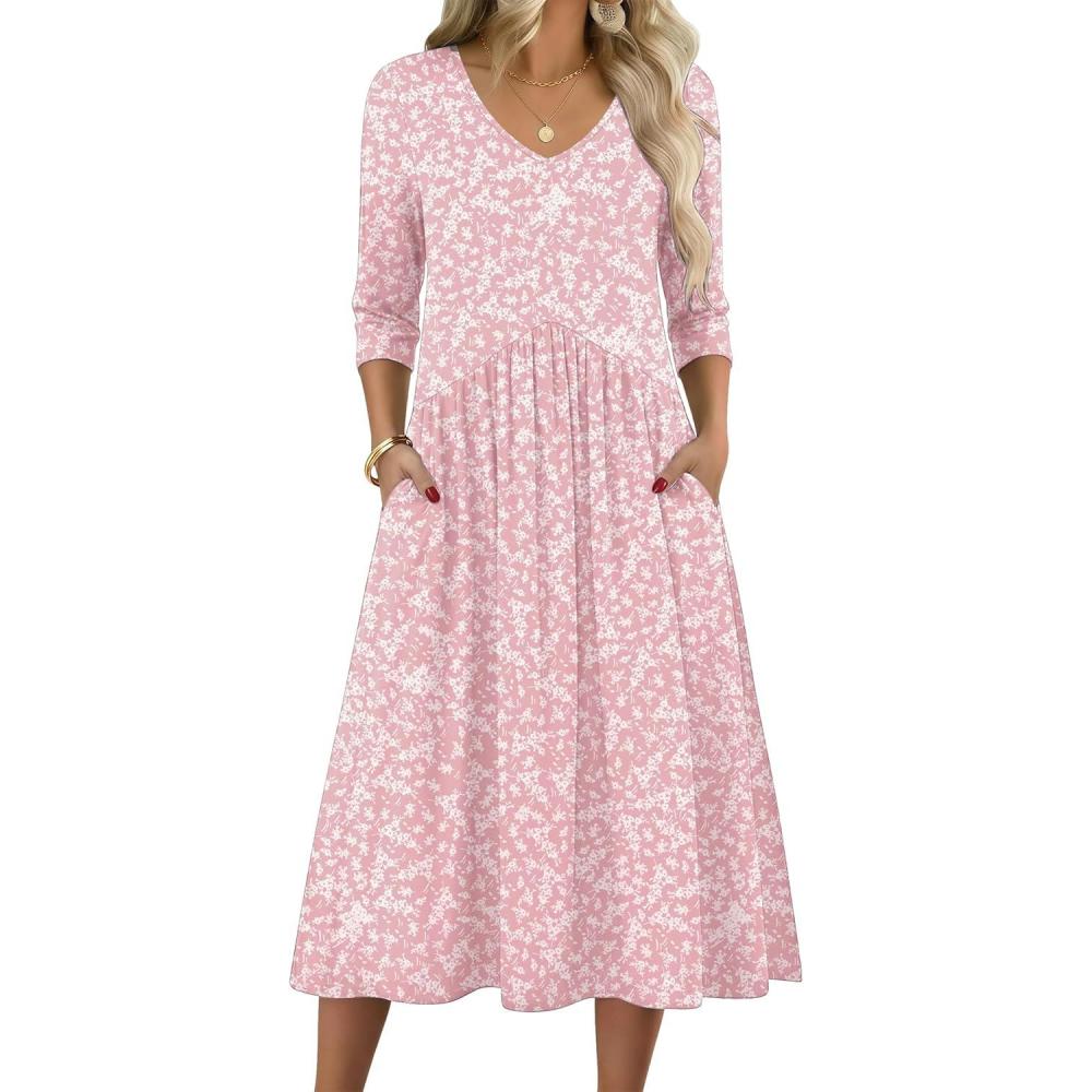 imageZeagoo 34 Sleeve Womens Dress Casual Midi Tshirt Dresses with Pockets Empire Waist Summer SemiFormal Boho Beach SundressPink Floral