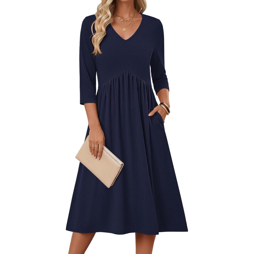 imageZeagoo 34 Sleeve Womens Dress Casual Midi Tshirt Dresses with Pockets Empire Waist Summer SemiFormal Boho Beach SundressSolid Navy