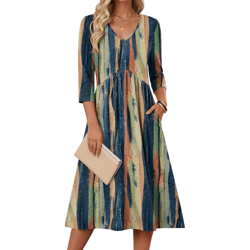 imageZeagoo 34 Sleeve Womens Dress Casual Midi Tshirt Dresses with Pockets Empire Waist Summer SemiFormal Boho Beach SundressTie Dye
