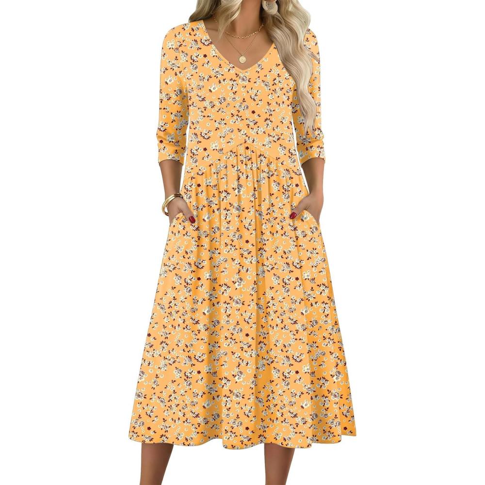 imageZeagoo 34 Sleeve Womens Dress Casual Midi Tshirt Dresses with Pockets Empire Waist Summer SemiFormal Boho Beach SundressYellow Floral