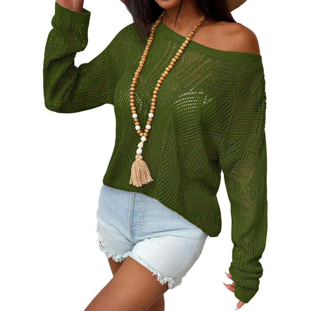 imageZeagoo Crochet Tops for Women Off The Shoulder Sweaters Summer Long Sleeve Hollow Out Knit Beach Clothes SXXLArmy Green
