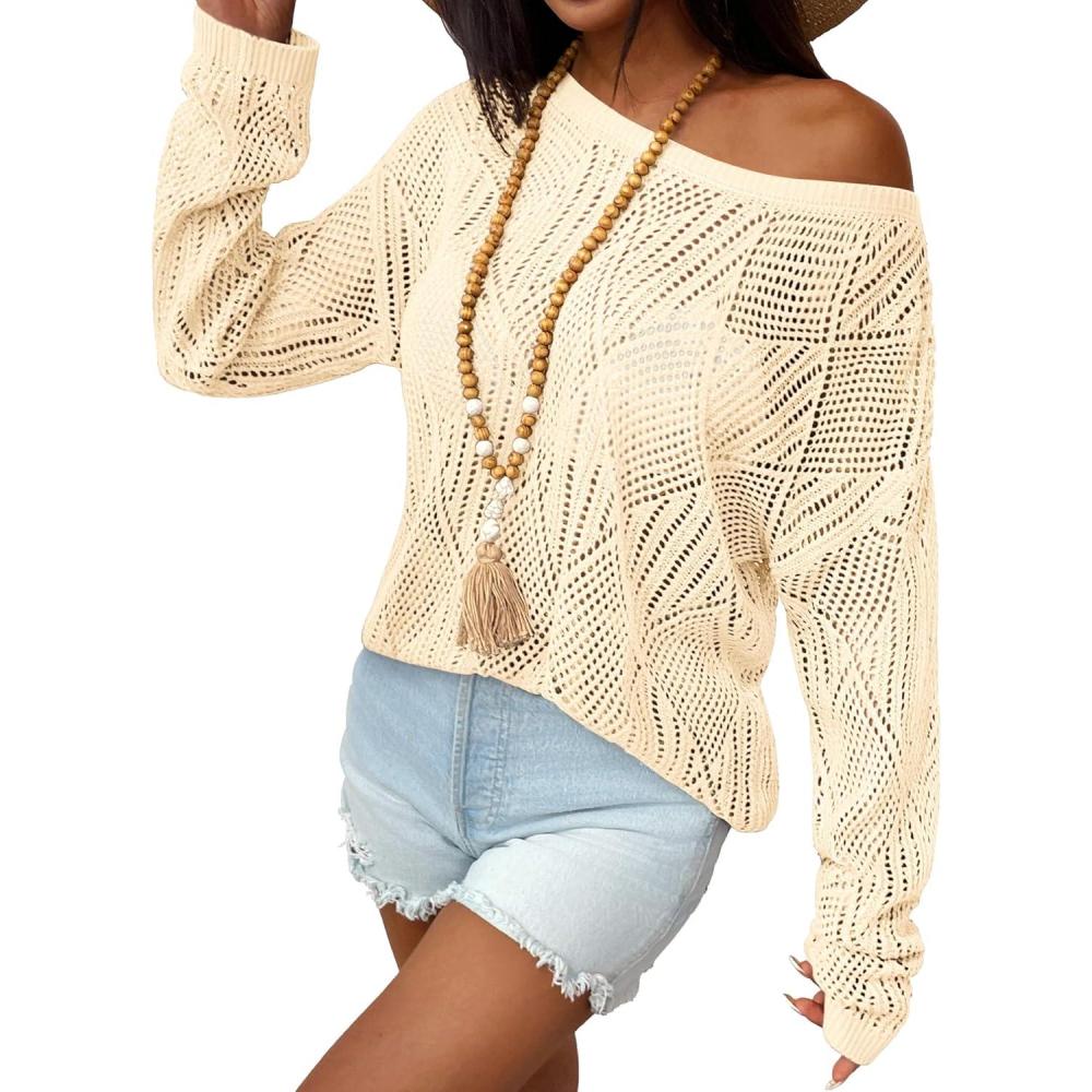 imageZeagoo Crochet Tops for Women Off The Shoulder Sweaters Summer Long Sleeve Hollow Out Knit Beach Clothes SXXLBeige