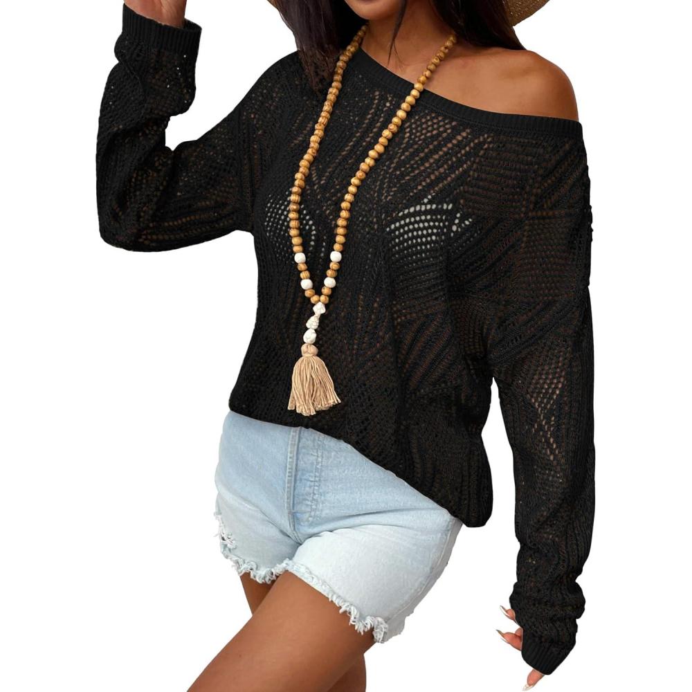 imageZeagoo Crochet Tops for Women Off The Shoulder Sweaters Summer Long Sleeve Hollow Out Knit Beach Clothes SXXLBlack