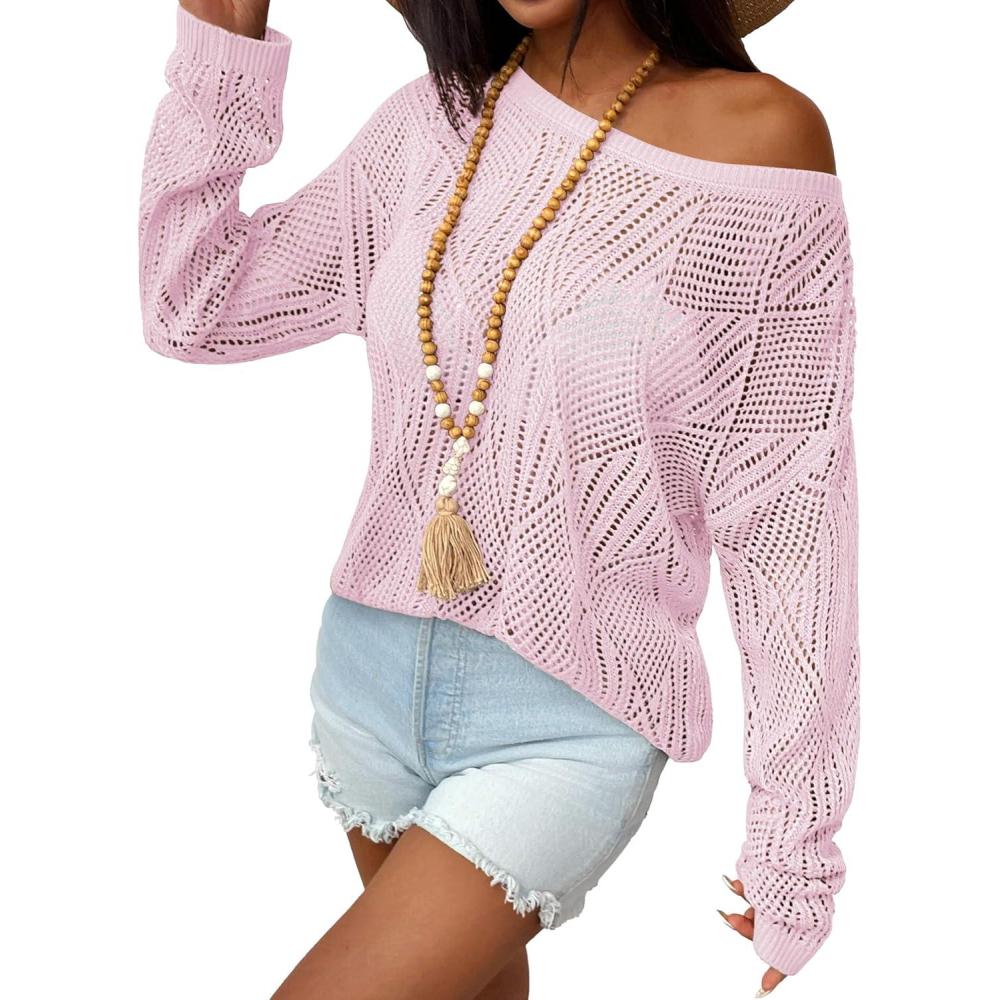 imageZeagoo Crochet Tops for Women Off The Shoulder Sweaters Summer Long Sleeve Hollow Out Knit Beach Clothes SXXLPink
