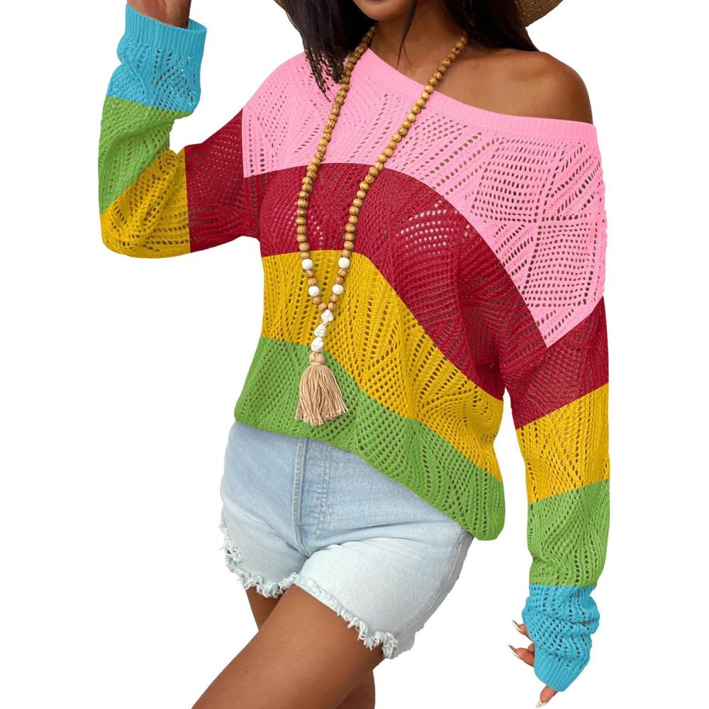 imageZeagoo Crochet Tops for Women Off The Shoulder Sweaters Summer Long Sleeve Hollow Out Knit Beach Clothes SXXLPink Red Yellow Green Blue