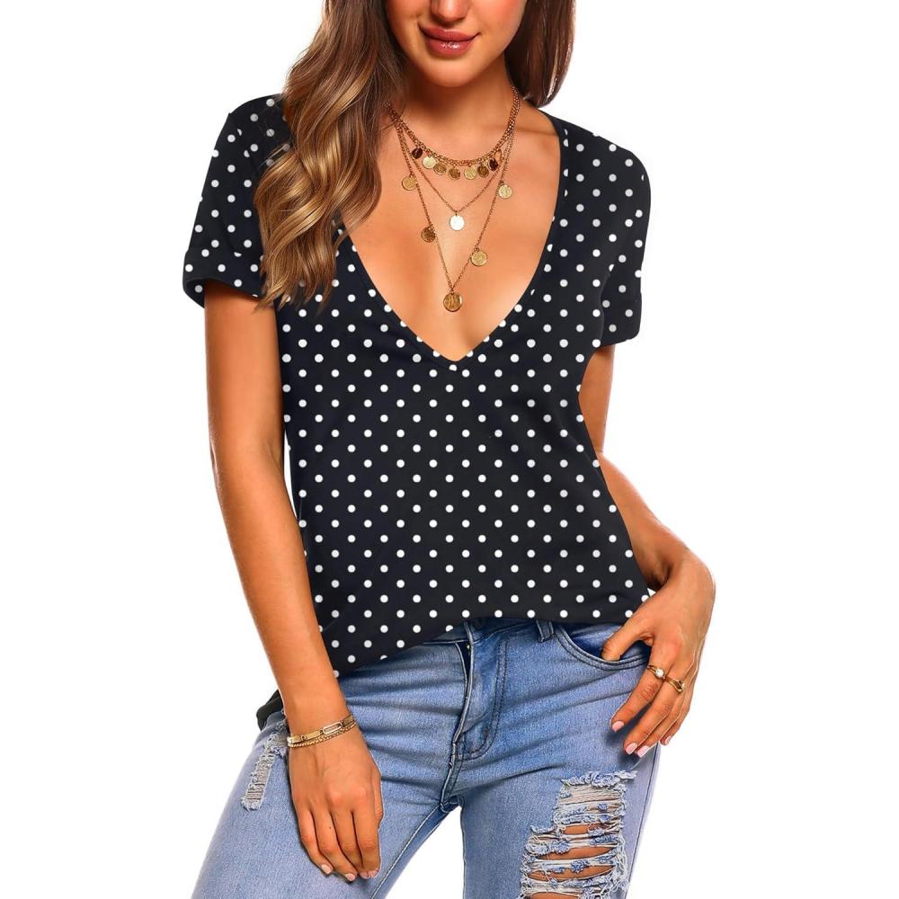 imageZeagoo Sexy Tops for Women Deep V Neck Shirts Summer Low Cut Top Short Sleeve Tshirts Trendy Clothes Fashion ClothingJh49 Polka Dot