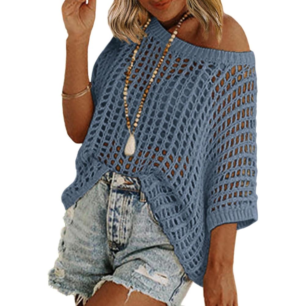 imageZeagoo Short Sleeve Crochet Sweater Lightweight Summer Tops Loose Hollow Out Crewneck PulloverBlue