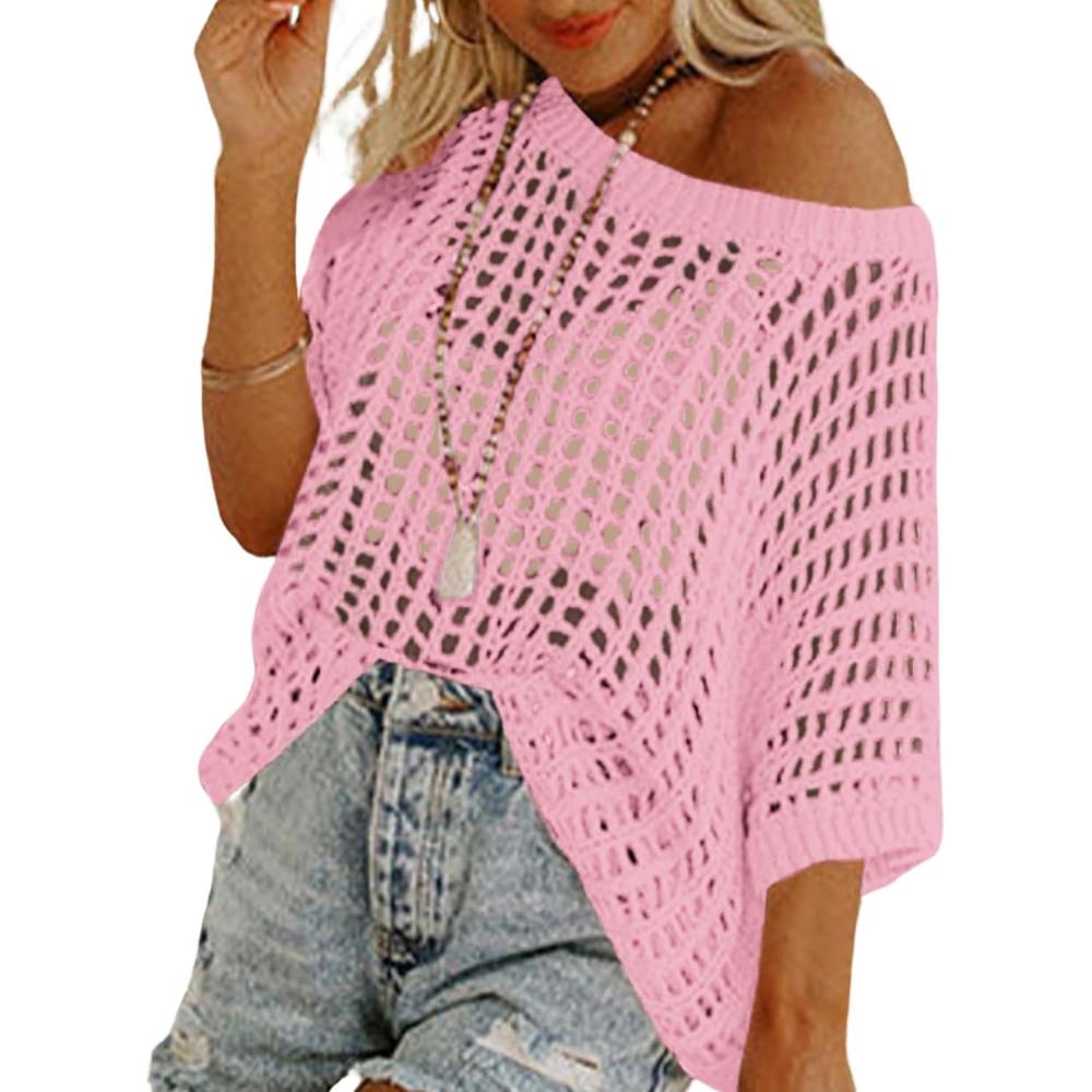 imageZeagoo Short Sleeve Crochet Sweater Lightweight Summer Tops Loose Hollow Out Crewneck PulloverLight Pink