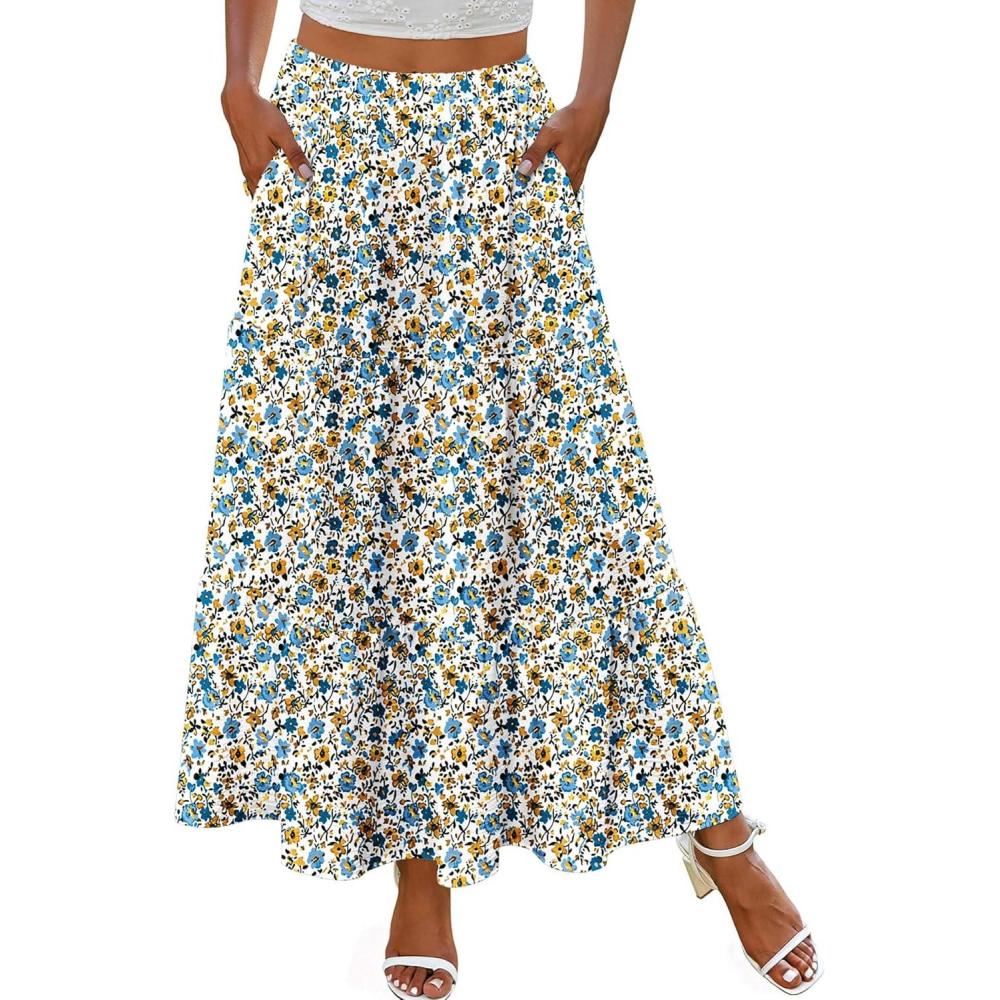 imageZeagoo Skirts for Women Summer Boho Casual Maxi Flowy Elastic High Waist ALine Tiered Swing Floral Long Skirts with PocketsBlue Yellow Floral