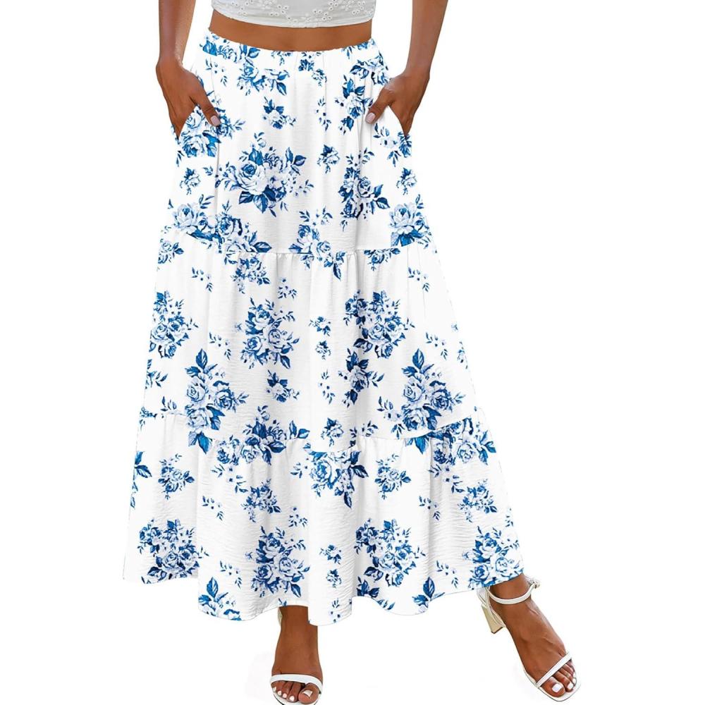 imageZeagoo Skirts for Women Summer Boho Casual Maxi Flowy Elastic High Waist ALine Tiered Swing Floral Long Skirts with PocketsWhite Blue Floral