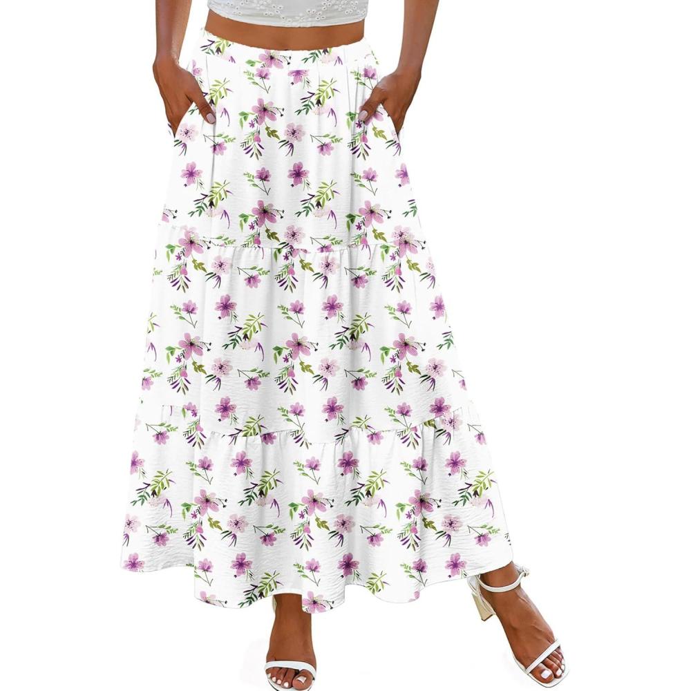 imageZeagoo Skirts for Women Summer Boho Casual Maxi Flowy Elastic High Waist ALine Tiered Swing Floral Long Skirts with PocketsWhite Floral