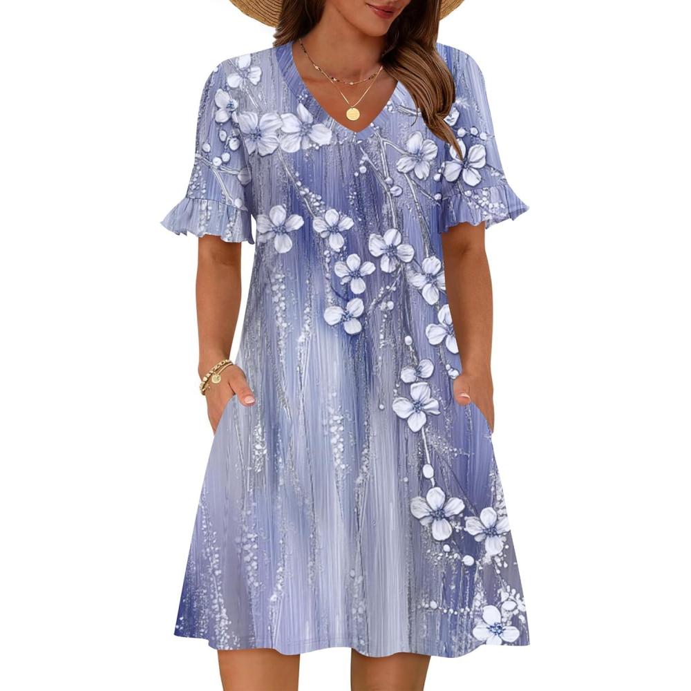 imageZeagoo Summer Casual Dresses for Women A Line Sun Dress Ruffle Short Sleeve V Neck Floral Tshirt Dress with PocketsGrey Floralprinted