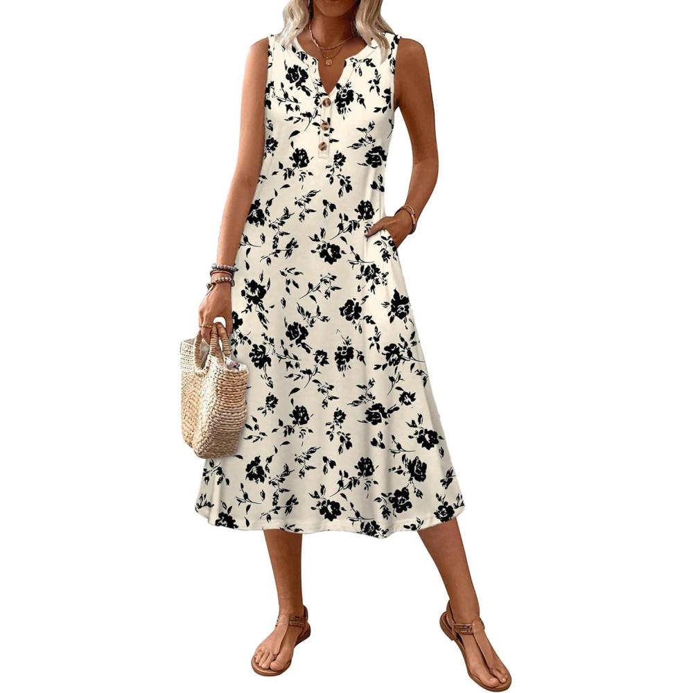 imageZeagoo Summer Dress for Women 2026 Sleeveless Tank Midi Dress Vacation Beach Sundress Aline Boho ClothingApricot Floral