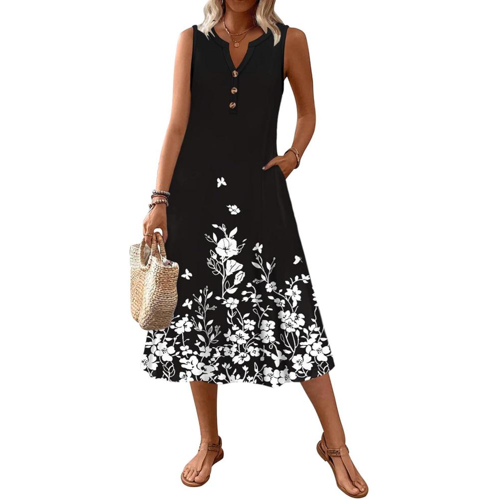 imageZeagoo Summer Dress for Women 2026 Sleeveless Tank Midi Dress Vacation Beach Sundress Aline Boho ClothingBlack Floral