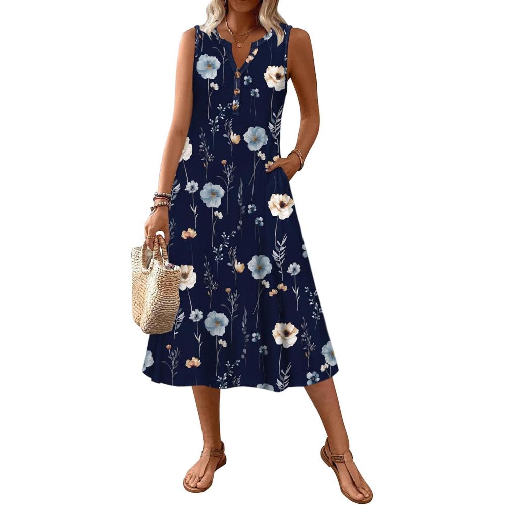 imageZeagoo Summer Dress for Women 2026 Sleeveless Tank Midi Dress Vacation Beach Sundress Aline Boho ClothingBlue Floral