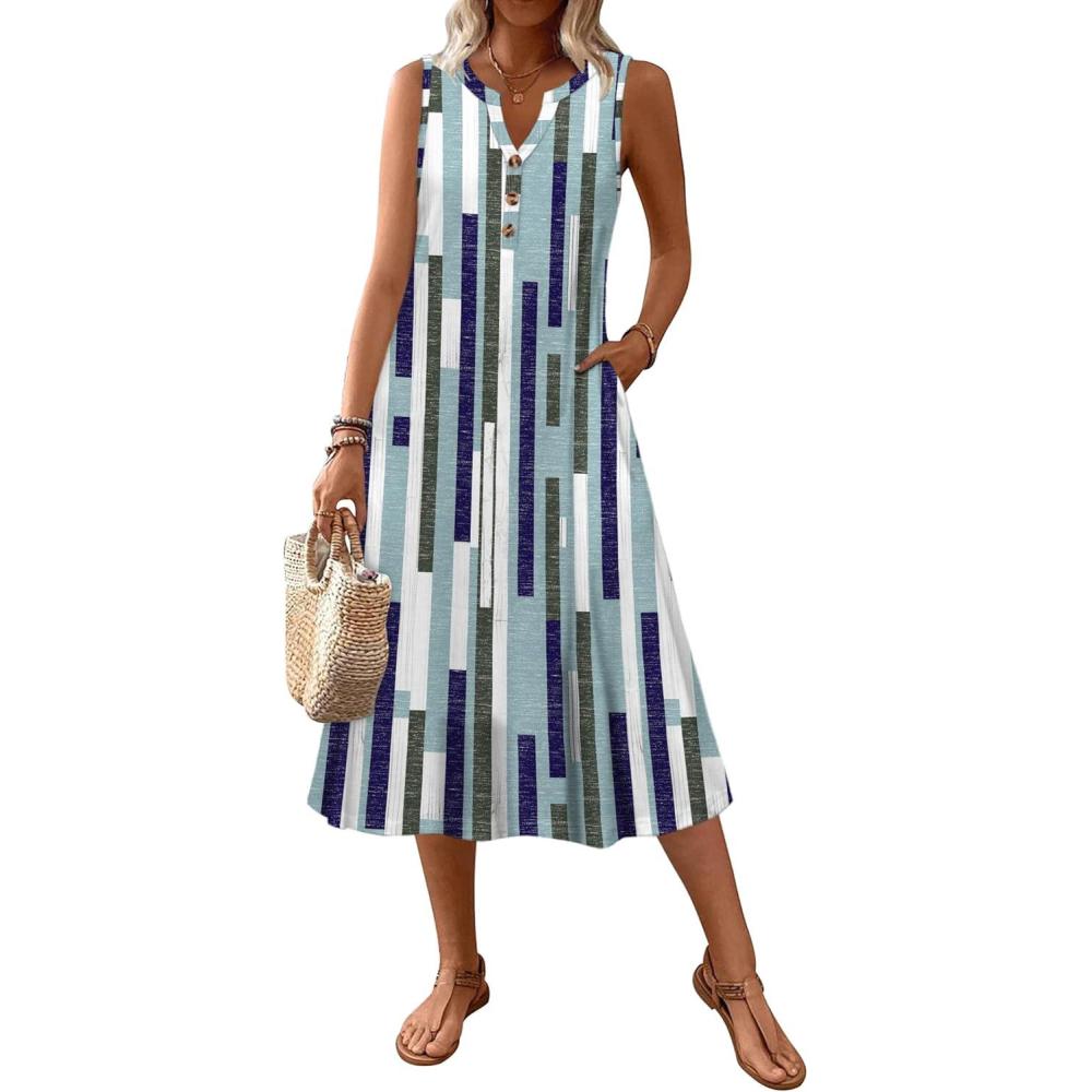 imageZeagoo Summer Dress for Women 2026 Sleeveless Tank Midi Dress Vacation Beach Sundress Aline Boho ClothingBlue Geometry