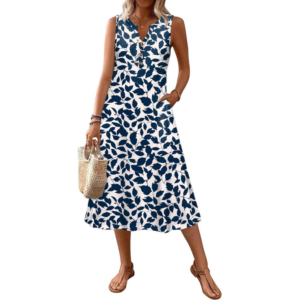 imageZeagoo Summer Dress for Women 2026 Sleeveless Tank Midi Dress Vacation Beach Sundress Aline Boho ClothingBlue Plant Leaves