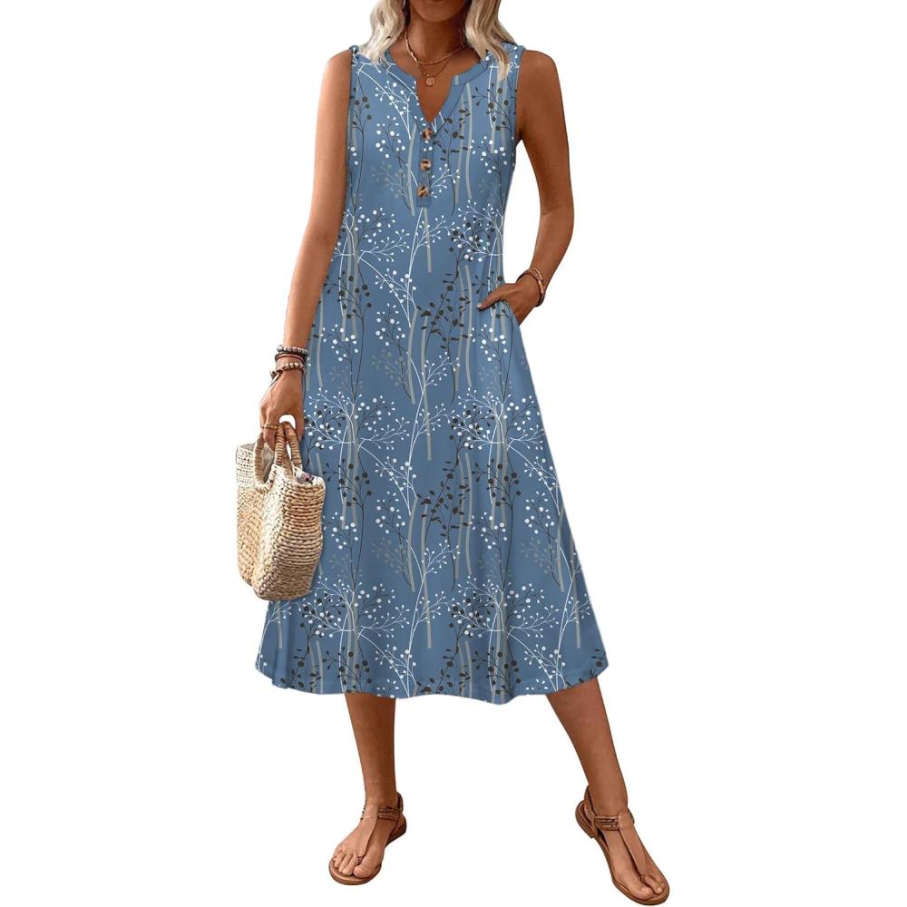 imageZeagoo Summer Dress for Women 2026 Sleeveless Tank Midi Dress Vacation Beach Sundress Aline Boho ClothingBlue Plants