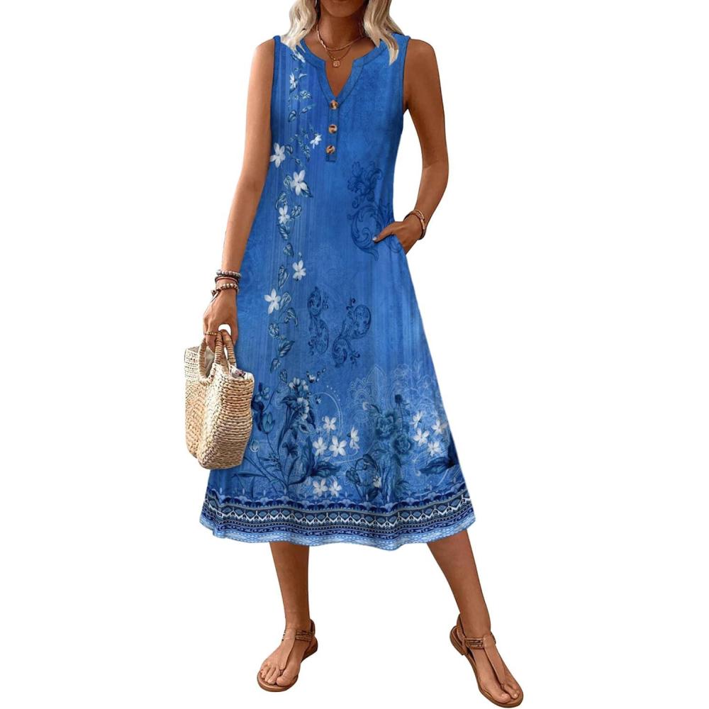 imageZeagoo Summer Dress for Women 2026 Sleeveless Tank Midi Dress Vacation Beach Sundress Aline Boho ClothingBlue Print