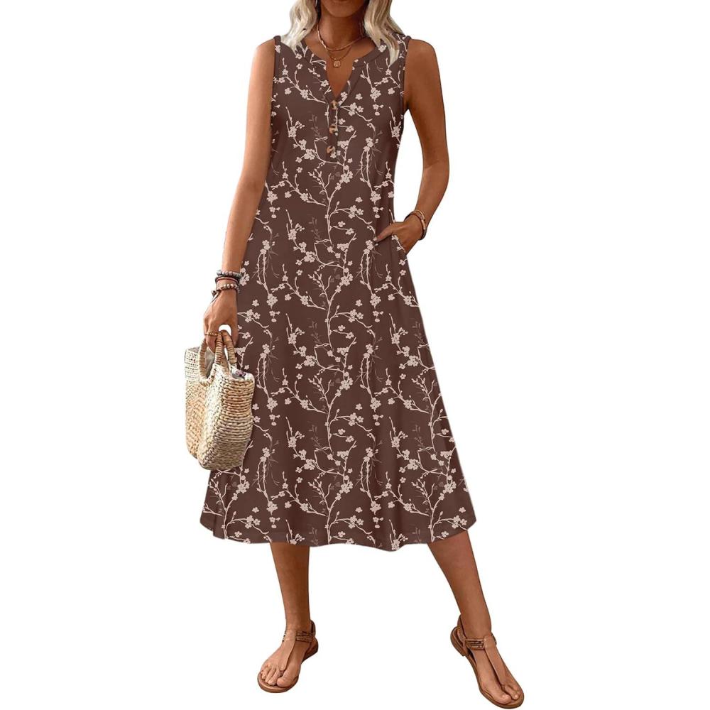 imageZeagoo Summer Dress for Women 2026 Sleeveless Tank Midi Dress Vacation Beach Sundress Aline Boho ClothingCoffee Floral