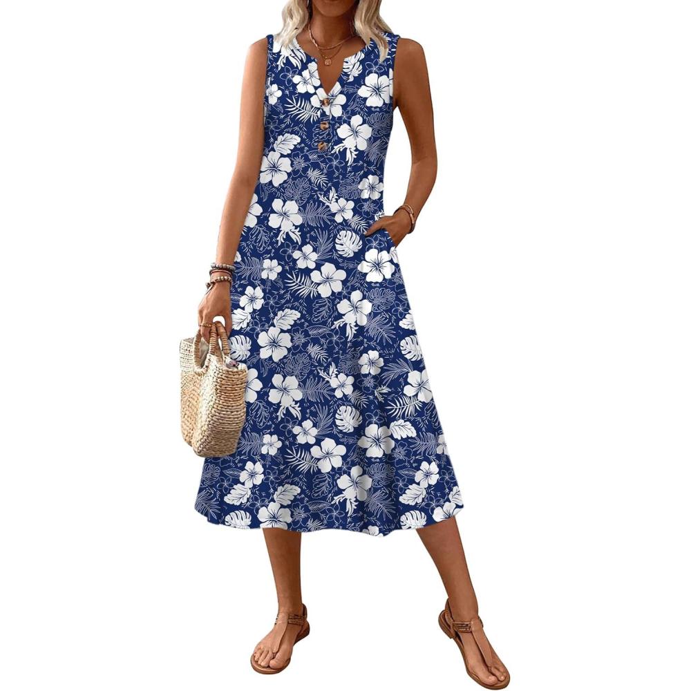 imageZeagoo Summer Dress for Women 2026 Sleeveless Tank Midi Dress Vacation Beach Sundress Aline Boho ClothingNavy Hawaiian Floral