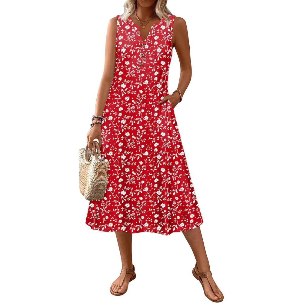 imageZeagoo Summer Dress for Women 2026 Sleeveless Tank Midi Dress Vacation Beach Sundress Aline Boho ClothingRed Floral