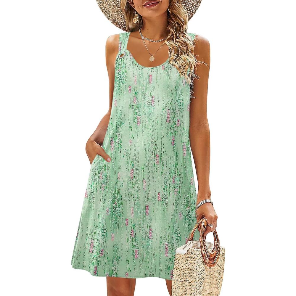 imageZeagoo Summer Dresses for Women Boho Beach Dress Sleeveless Sundresses with Pockets Casual Loose Tank Tshirt Sun DressGreen Floral Print