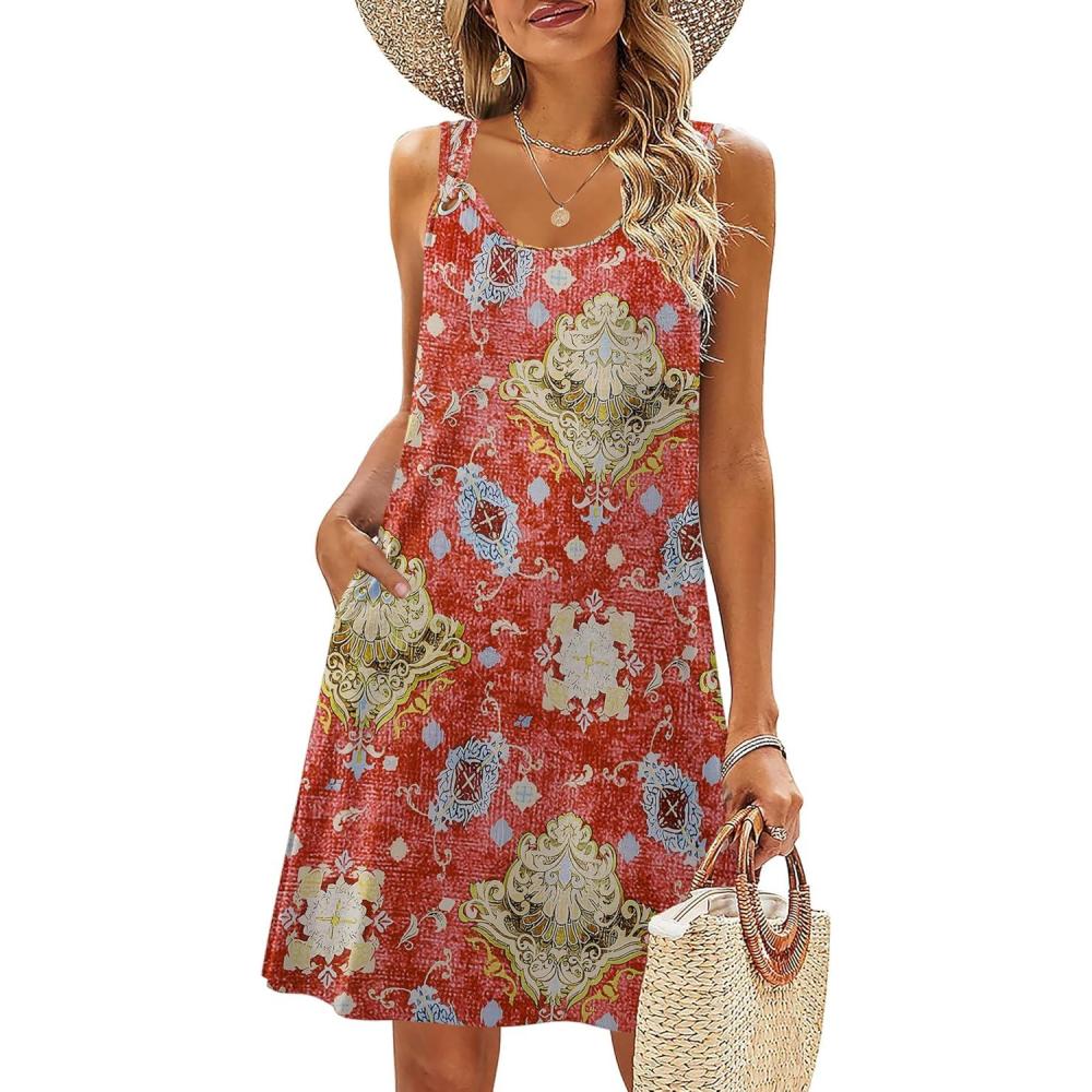 imageZeagoo Summer Dresses for Women Boho Beach Dress Sleeveless Sundresses with Pockets Casual Loose Tank Tshirt Sun DressRed Printed