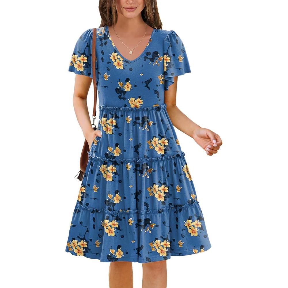 imageZeagoo Summer Tiered Mini Dress with Pockets Ruffle Sleeve VNeck Casual Dress A Line Boho Flowy Sundress 2025 VacationBf165