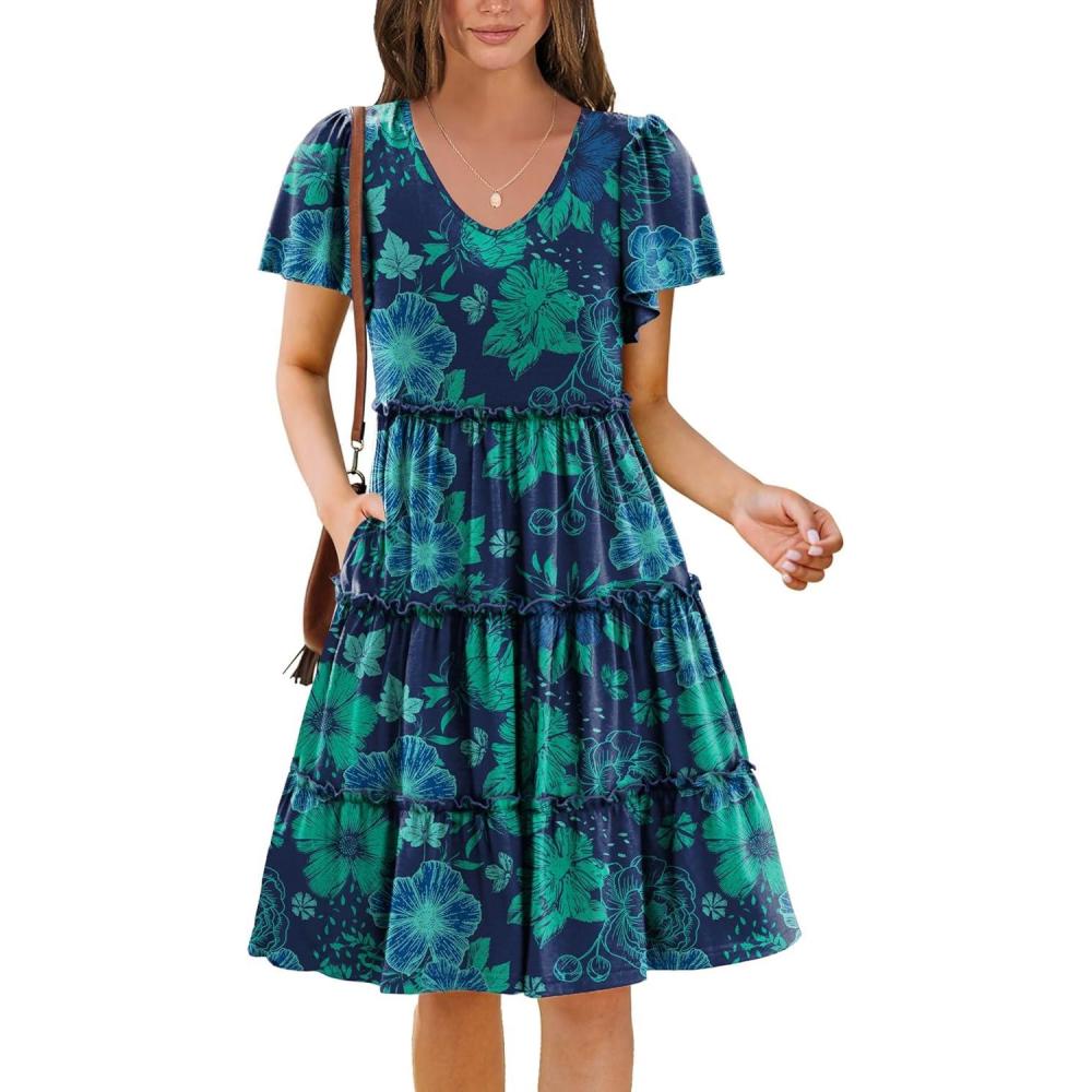imageZeagoo Summer Tiered Mini Dress with Pockets Ruffle Sleeve VNeck Casual Dress A Line Boho Flowy Sundress 2025 VacationSf114