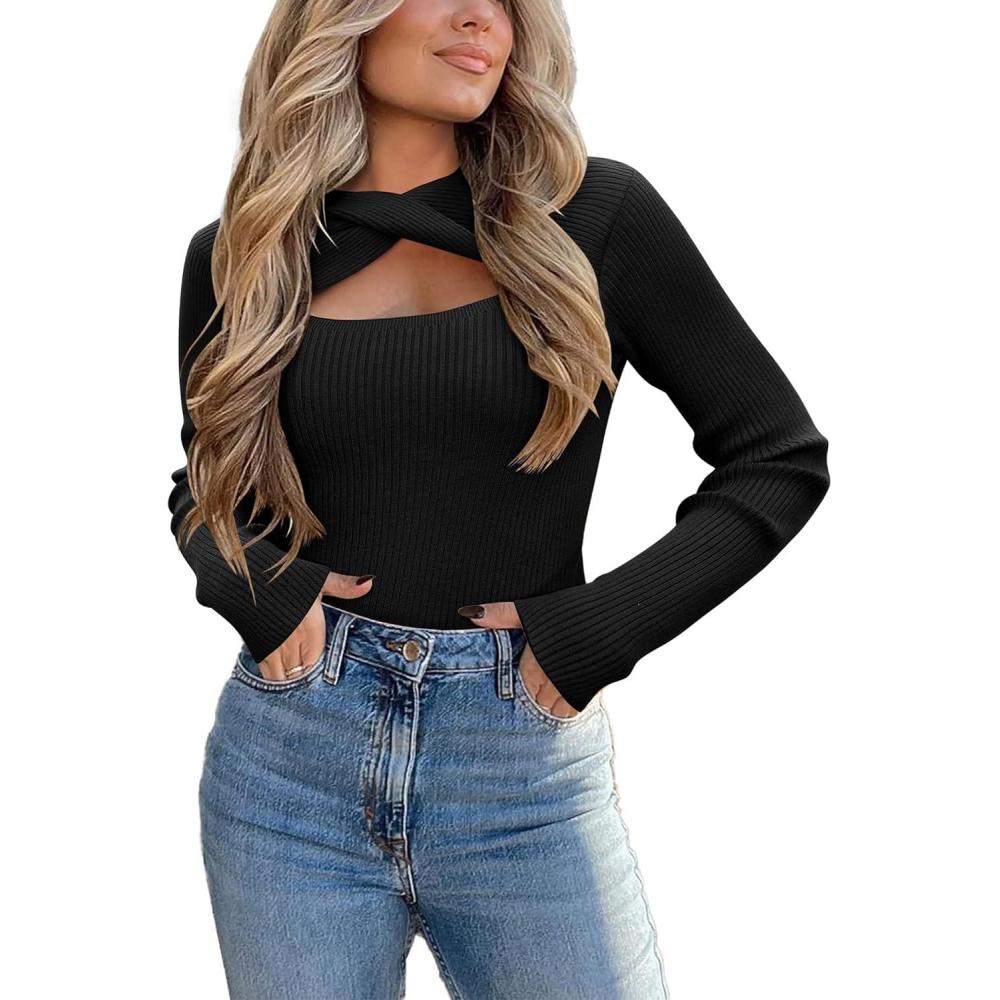 imageZeagoo Sweaters for Women 2026 Knit Trendy Long Sleeve Lightweight Slim Fit Pullover Cutout Tops SXXLBlack
