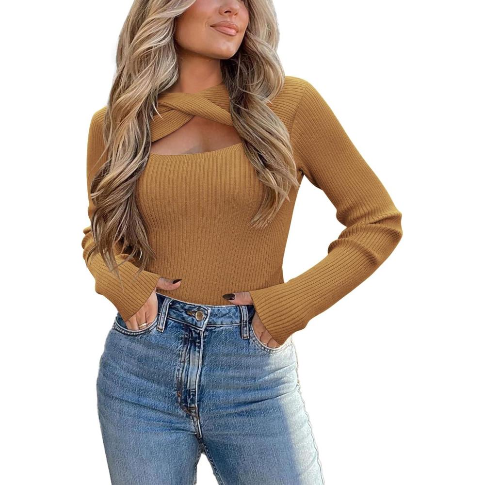 imageZeagoo Sweaters for Women 2026 Knit Trendy Long Sleeve Lightweight Slim Fit Pullover Cutout Tops SXXLCamel